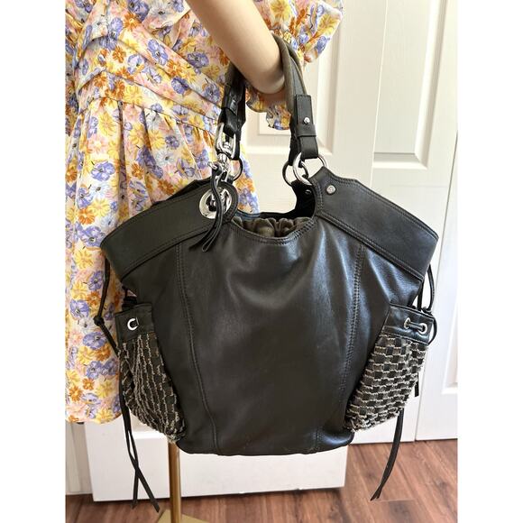 FRANCISCO BIASA Military Green Leather Woven Drawstring Extra Large Purse Tote - Picture 1 of 16